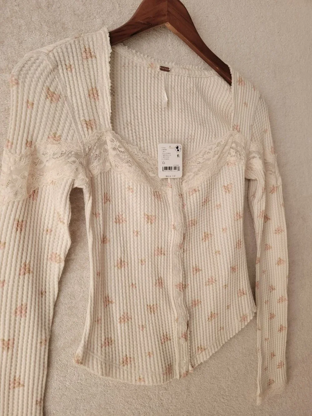 Free People Let's Party Cardi Thermal Top XS Womens Cream Pink Lace KWaffle Knit
